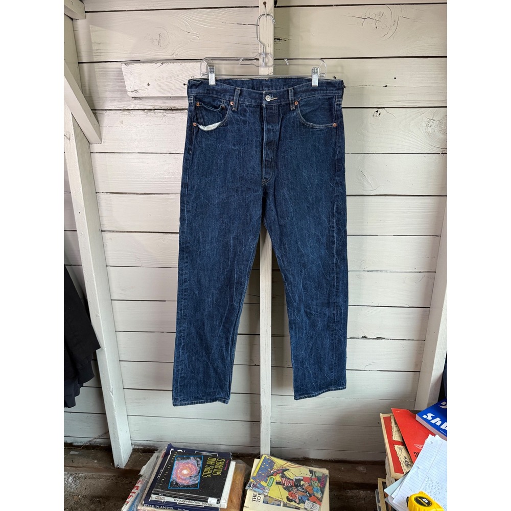 Levis 501 Original Fit Jeans Mens 36x34 Dark Wash Indigo Blue Denim Button Fly